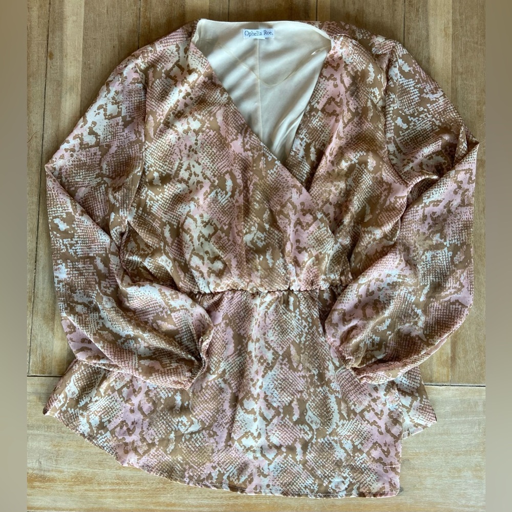 Ophelia Roe Faux-Wrap, Long Sleeve Snakeskin Print Blouse (M)